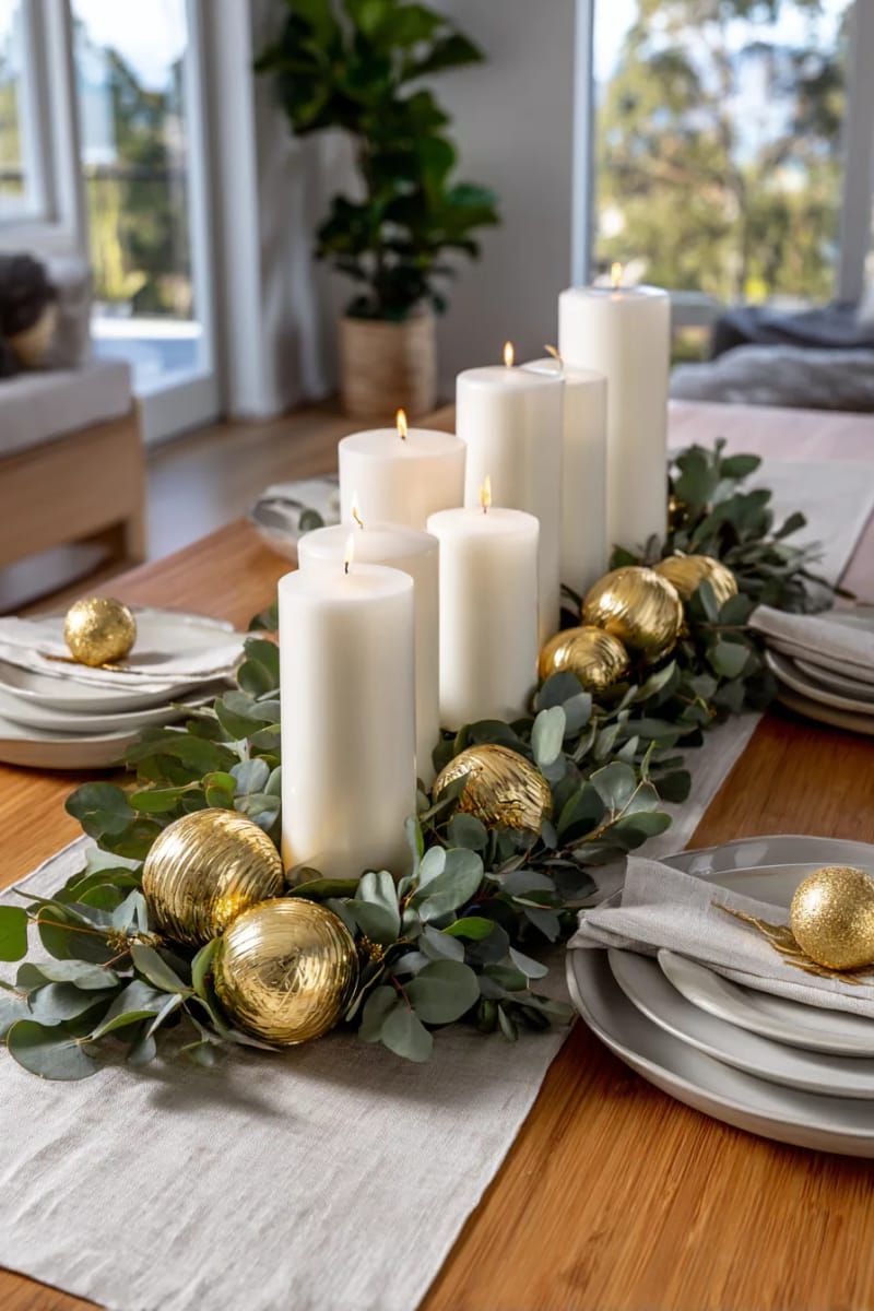 modern centerpiece with white candles, eucalyptus, and gold baubles 1