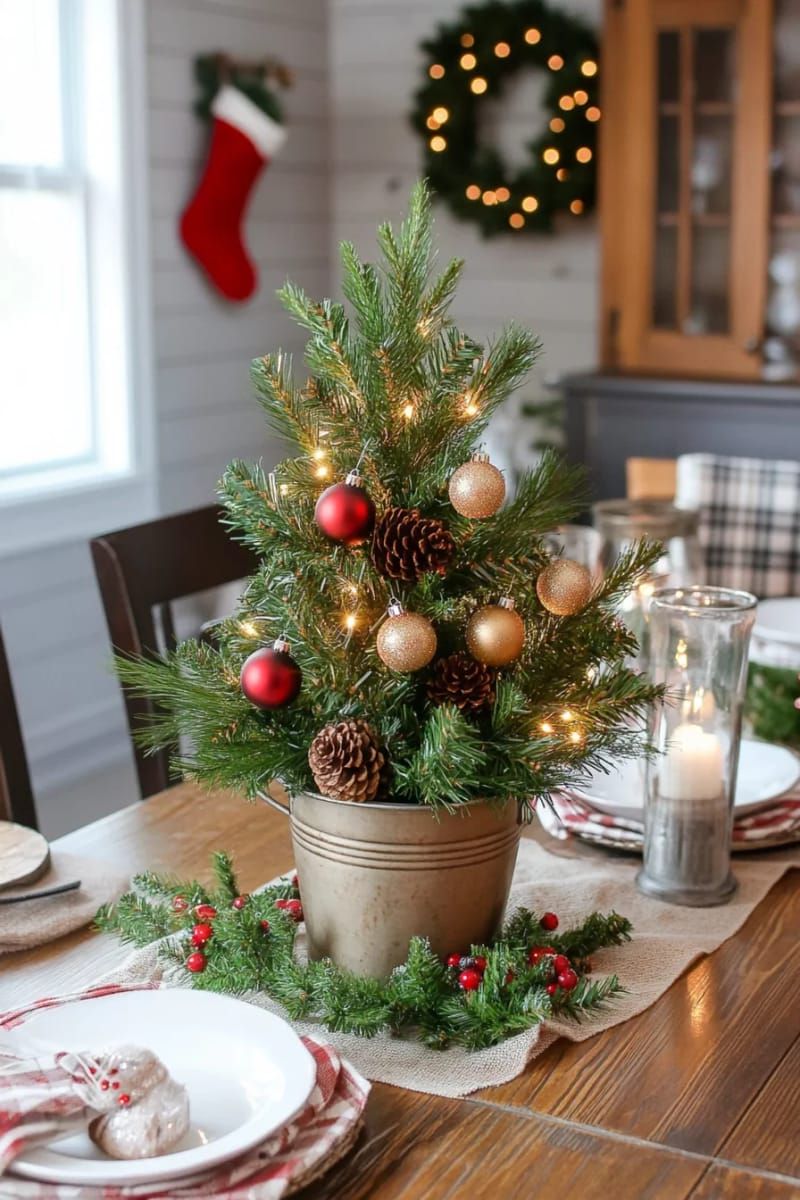 mini christmas tree centerpiece in a galvanized metal bucket 1
