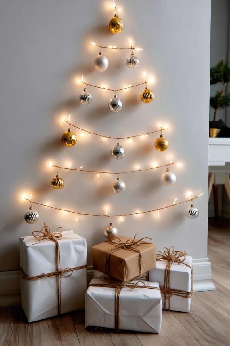 minimalist floating tree wall made from string lights and simple baubles 1