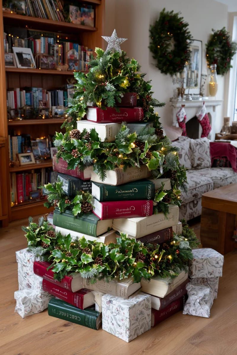 unique stacked book “tree” wrapped in greenery and twinkle lights 1
