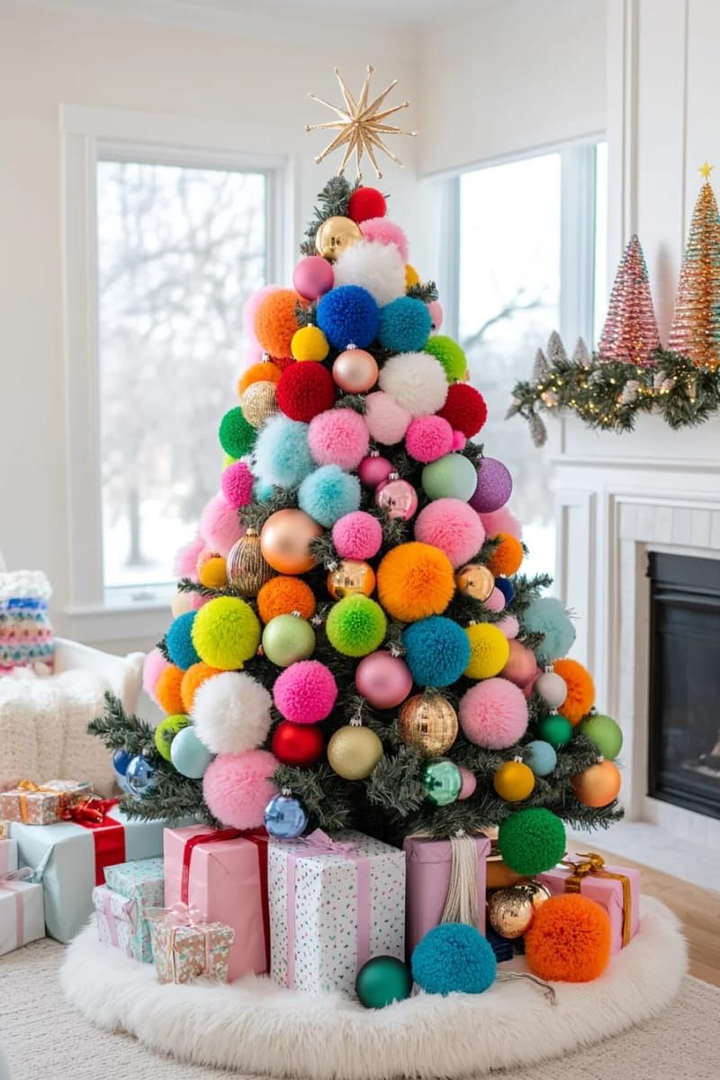 whimsical rainbow tree with multi-colored ornaments and oversized pom-poms 1