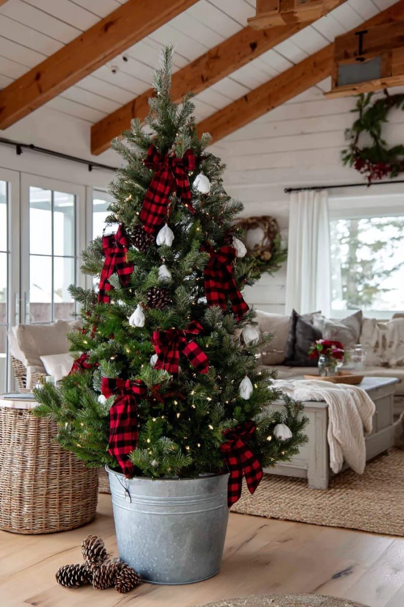 farmhouse vibe tree in a galvanized bucket with plaid ribbons and cotton stems 1