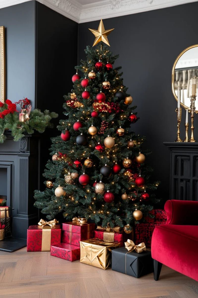 dramatic black christmas tree adorned with metallic gold and deep red accents 1