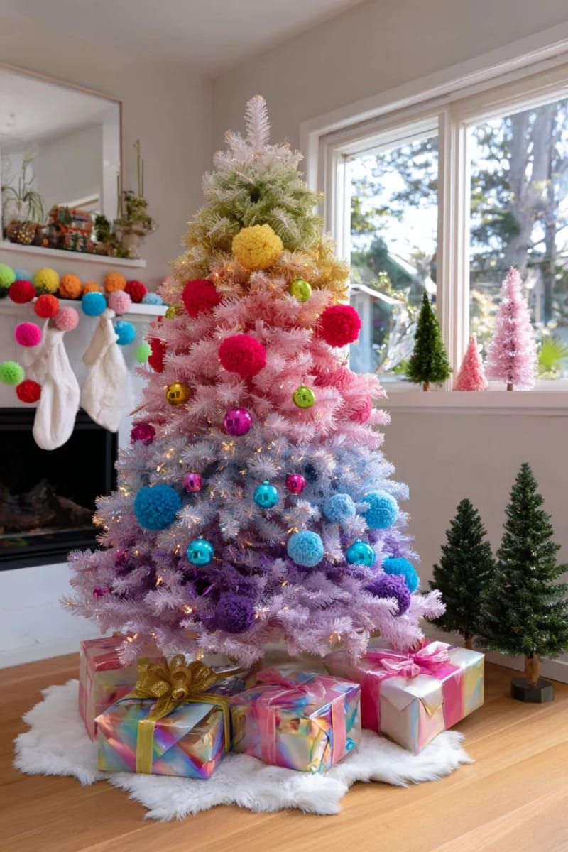 whimsical rainbow tree with multi-colored ornaments and oversized pom-poms 1