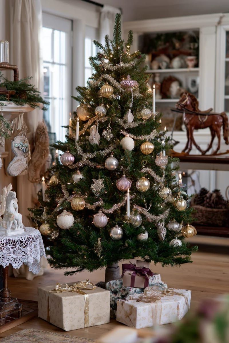 vintage-inspired tree with glass baubles and antique tinsel garlands 1