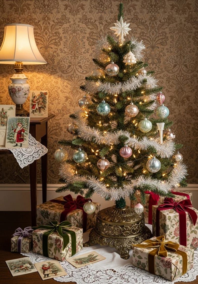 vintage-inspired tree with glass baubles and antique tinsel garlands 1