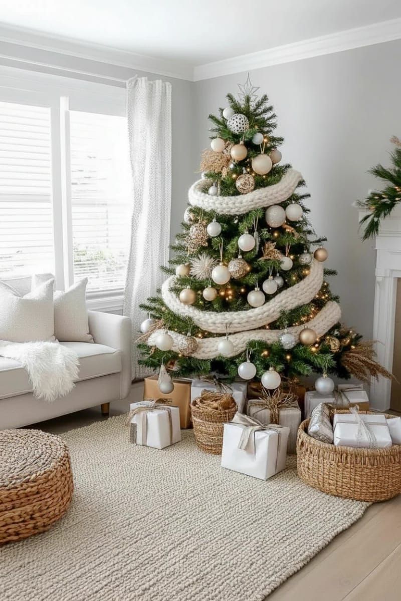 layered tree look with neutral ornaments and chunky knit garlands 1