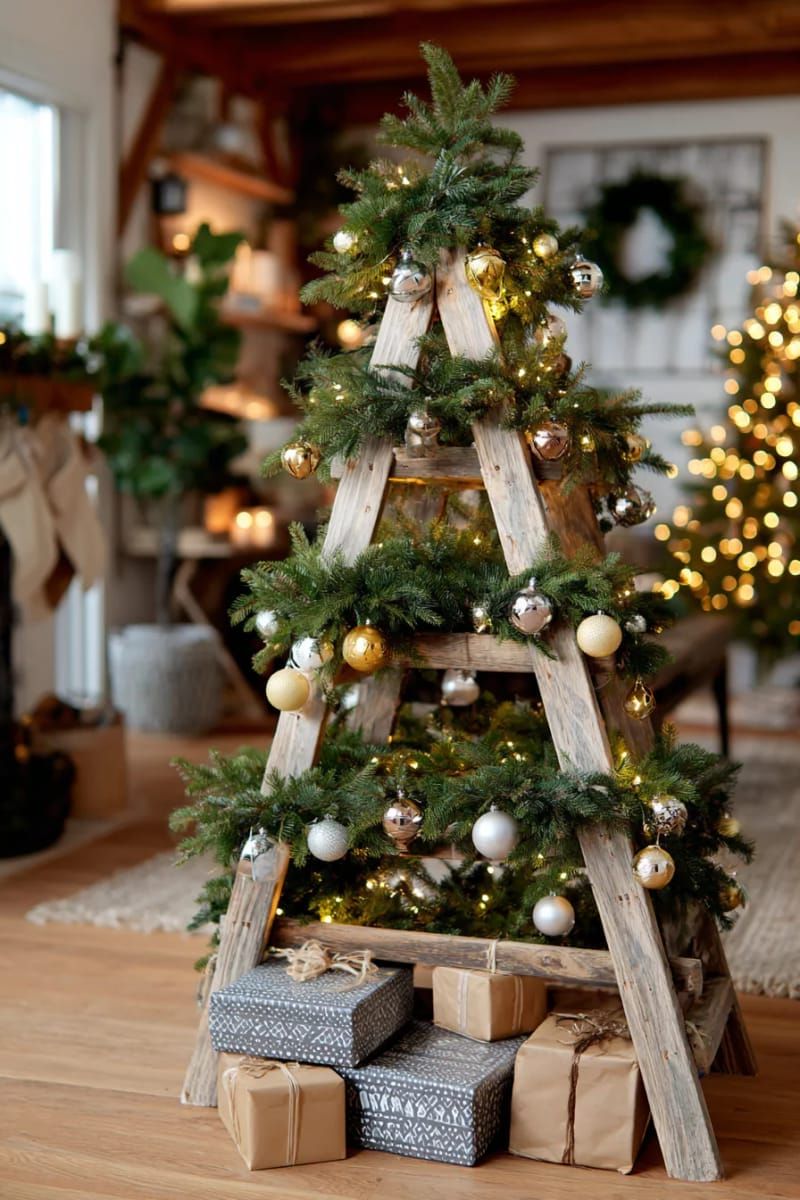 diy ladder “tree” draped in garlands and hanging metallic ornaments 1