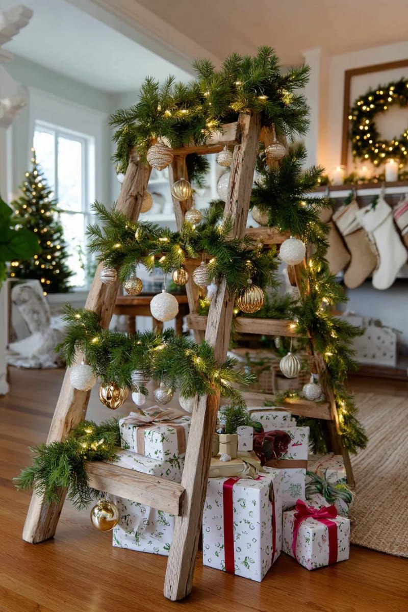 diy ladder “tree” draped in garlands and hanging metallic ornaments 1