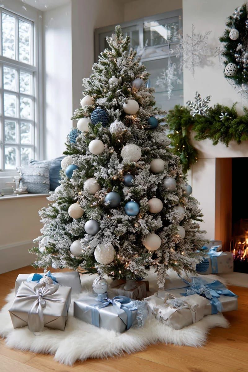 frosted flocked tree with silver, white, and blue baubles for an icy winter effect 1