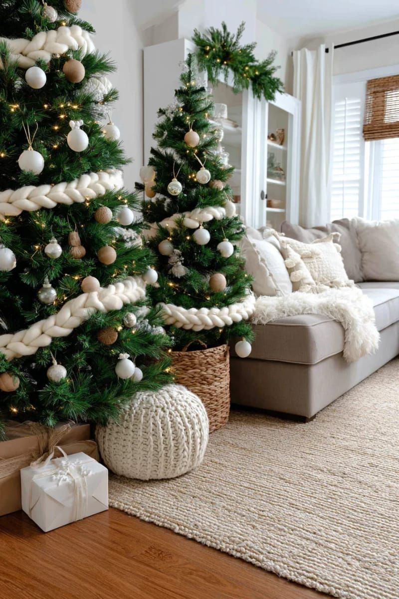 layered tree look with neutral ornaments and chunky knit garlands 1