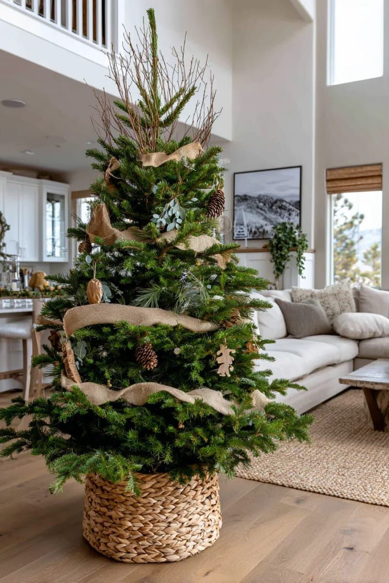 natural themed tree with burlap, twigs, and sprigs of eucalyptus 1