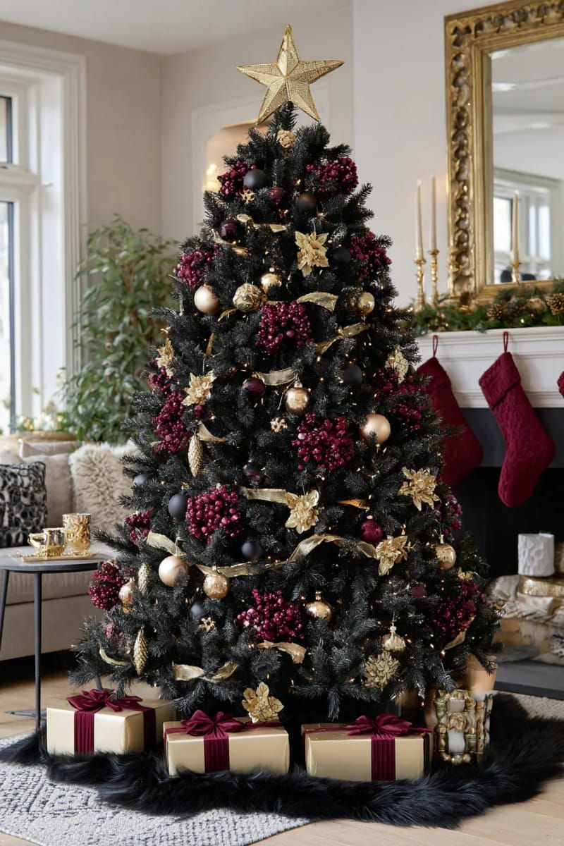 dramatic black christmas tree adorned with metallic gold and deep red accents 1