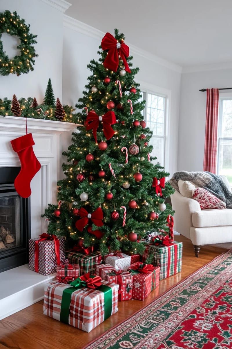 classic red and green traditional tree overflowing with velvet bows and candy canes 1