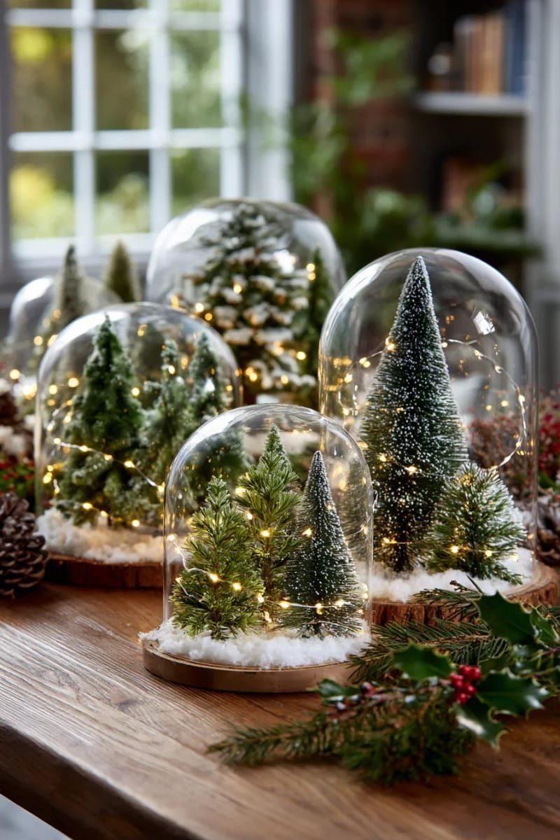 tiny tabletop trees grouped in glass cloches with fairy lights for a magical glow 1
