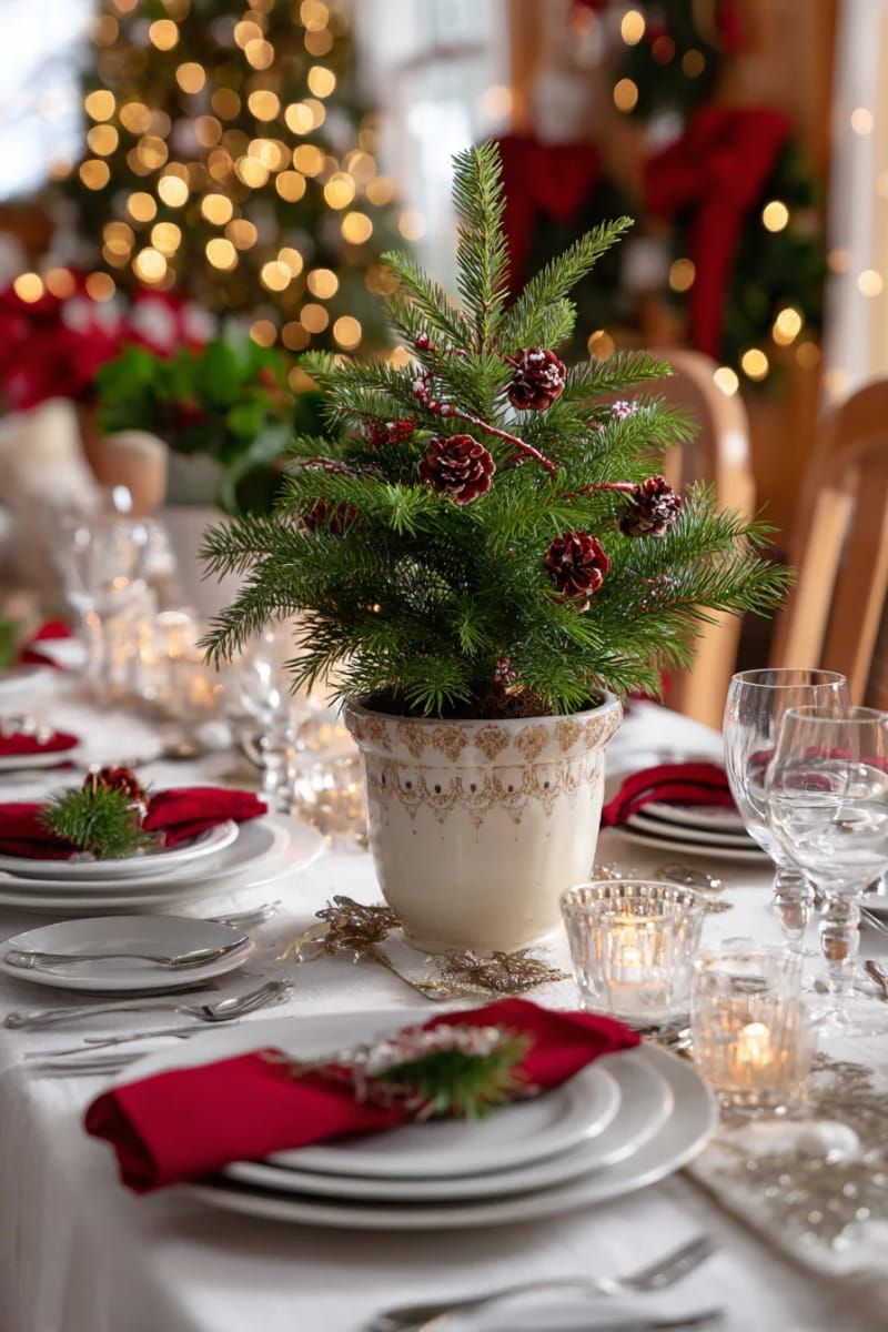 multipurpose tree centerpiece using a potted evergreen for dining table decor 1