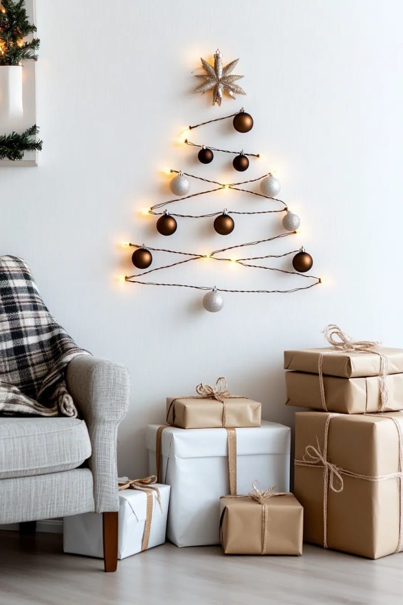 minimalist floating tree wall made from string lights and simple baubles 1