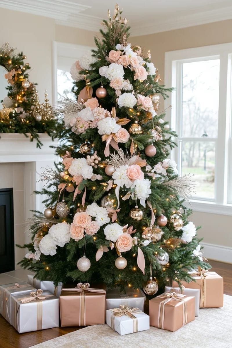 elegant tree with oversized floral picks, pearl garlands, and gold ribbon 1