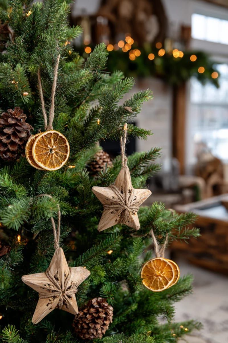 rustic woodland tree with pinecones, dried orange slices, and wooden stars 1