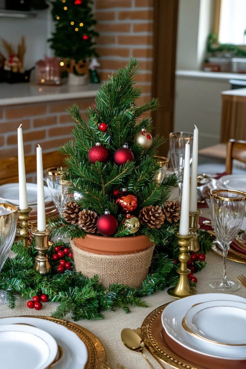 multipurpose tree centerpiece using a potted evergreen for dining table decor 1