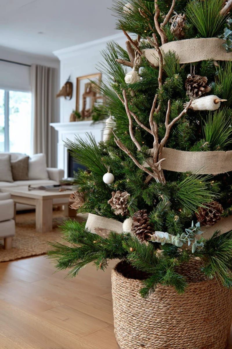 natural themed tree with burlap, twigs, and sprigs of eucalyptus 1