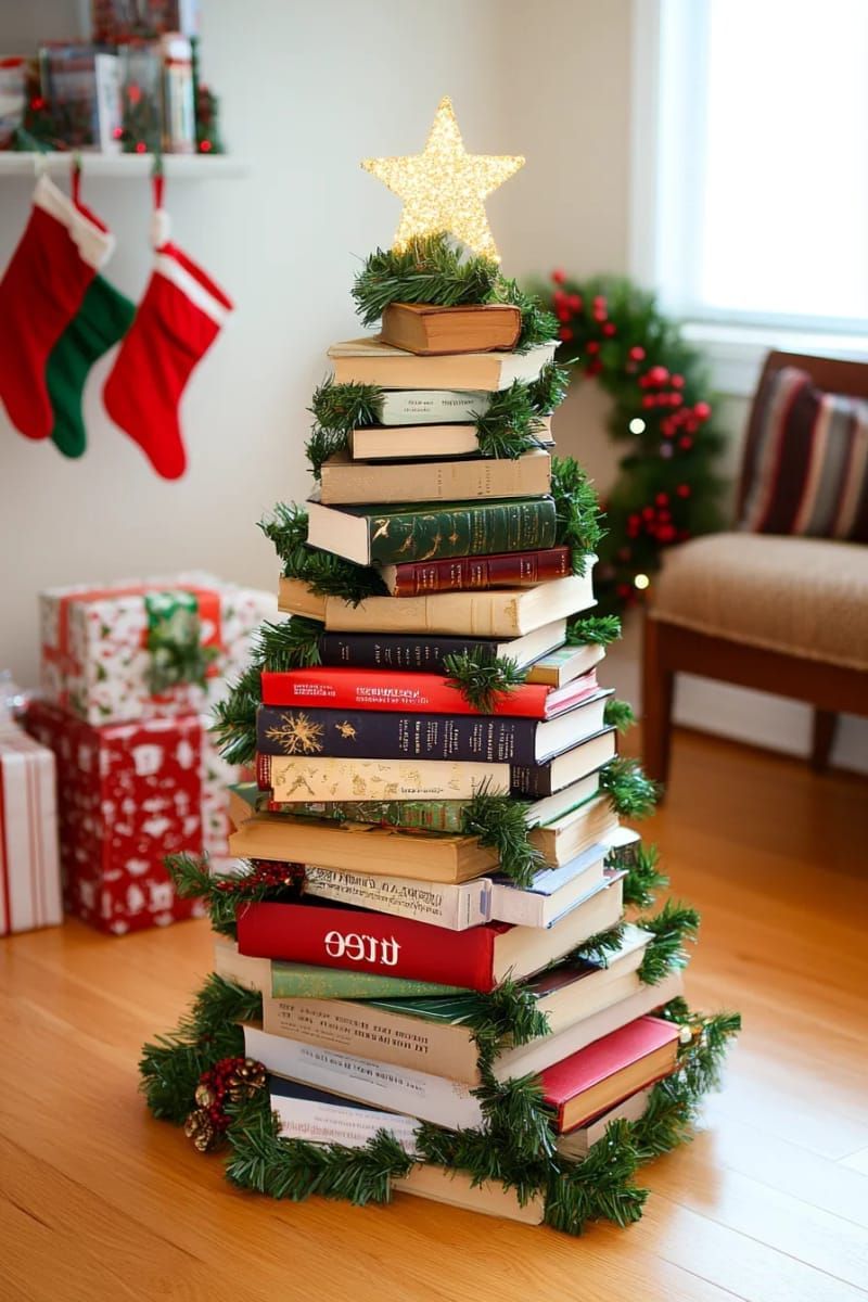 unique stacked book “tree” wrapped in greenery and twinkle lights 1