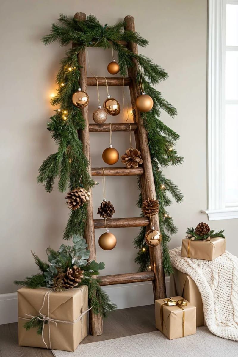 diy ladder “tree” draped in garlands and hanging metallic ornaments 1