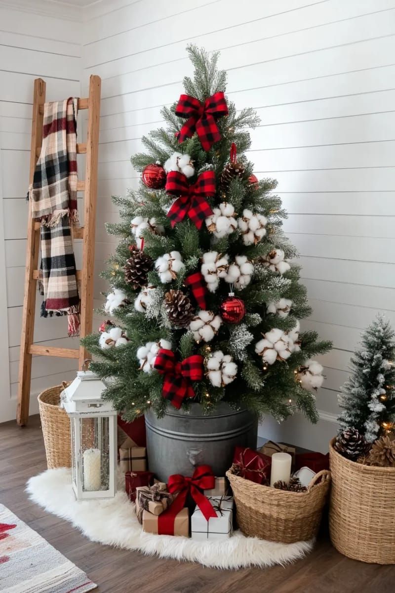 farmhouse vibe tree in a galvanized bucket with plaid ribbons and cotton stems 1