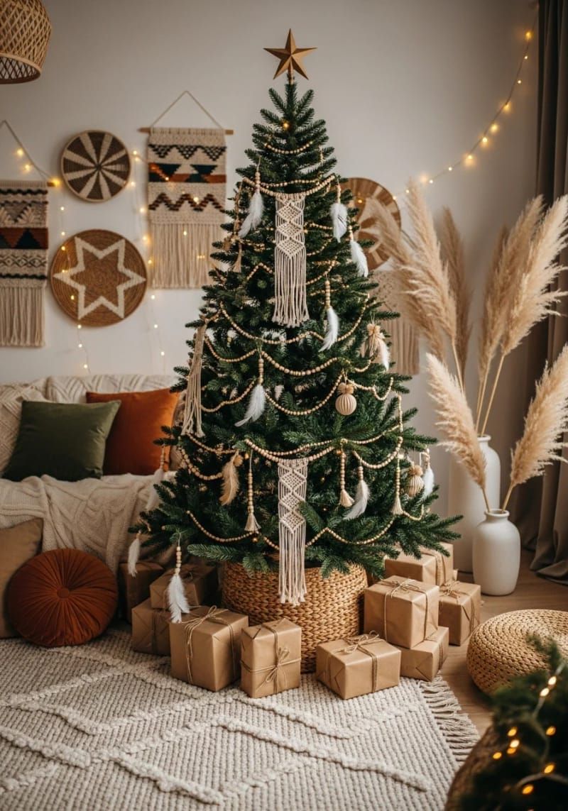 boho chic tree decorated with macramé, feathers, and wooden beads 1