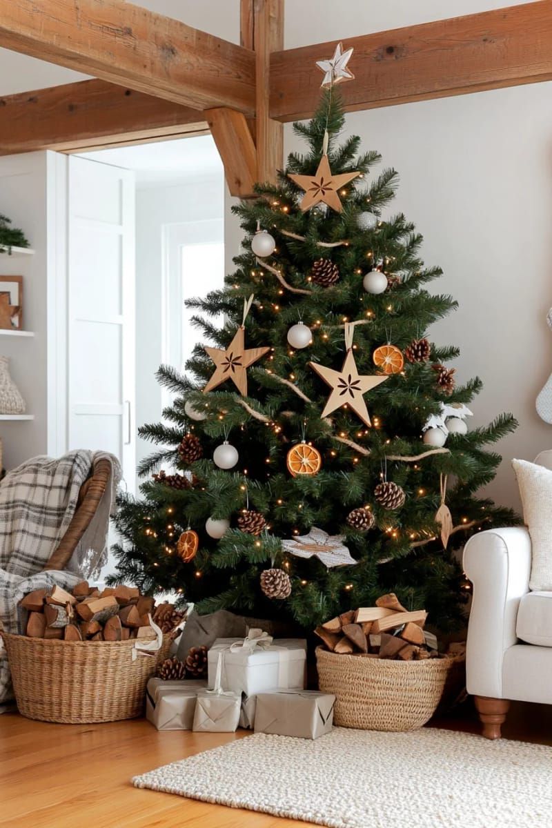 rustic woodland tree with pinecones, dried orange slices, and wooden stars 1