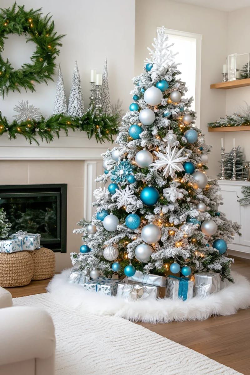 frosted flocked tree with silver, white, and blue baubles for an icy winter effect 1