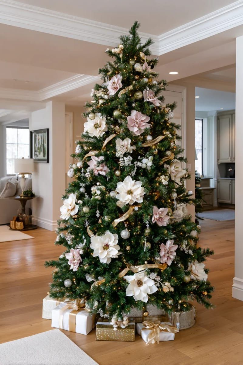 elegant tree with oversized floral picks, pearl garlands, and gold ribbon 1