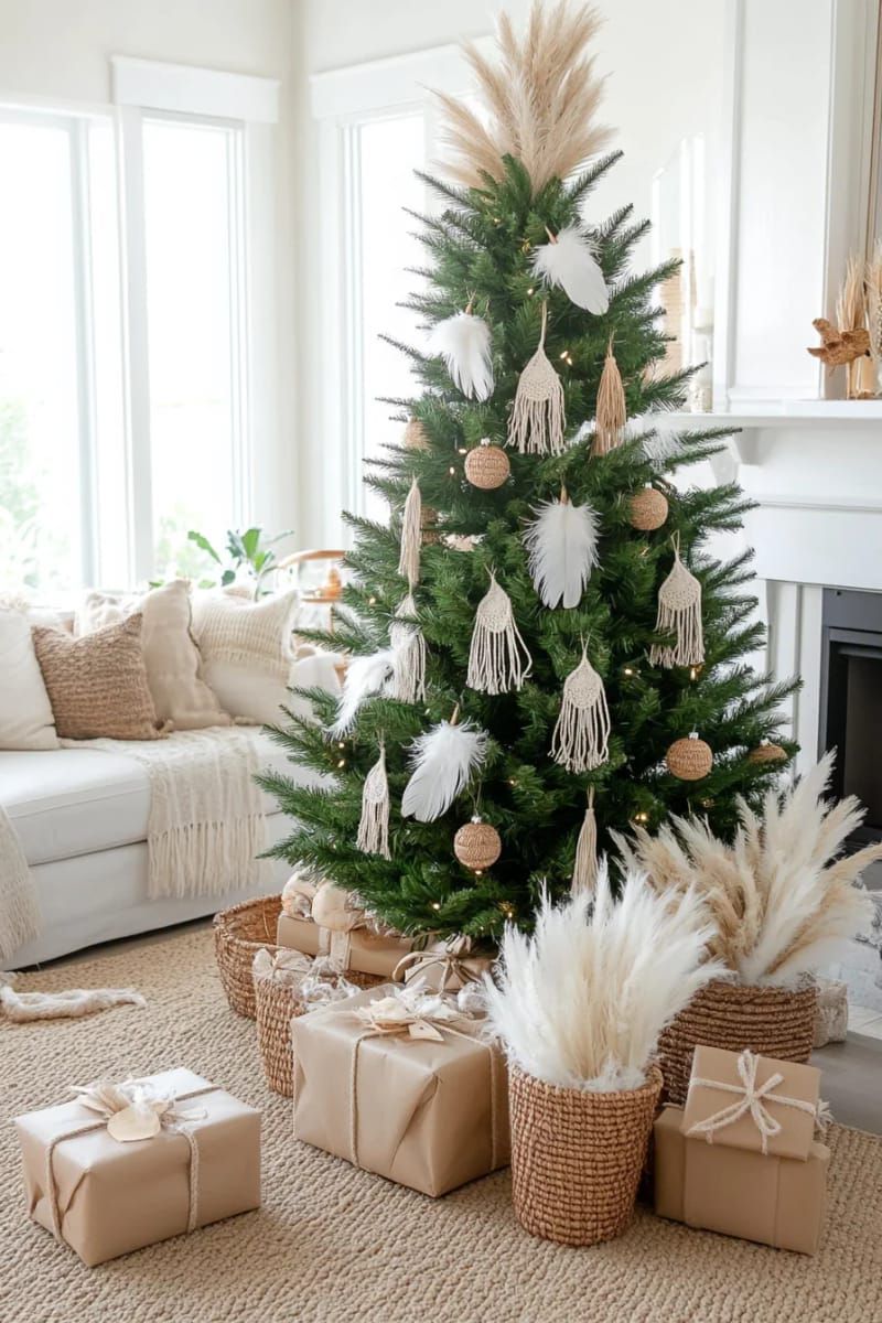 boho chic tree decorated with macramé, feathers, and wooden beads 1