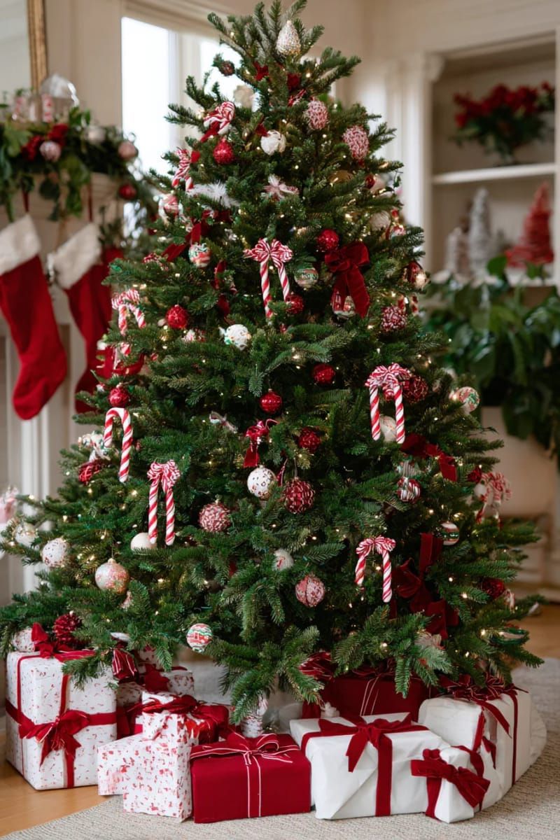 classic red and green traditional tree overflowing with velvet bows and candy canes 1