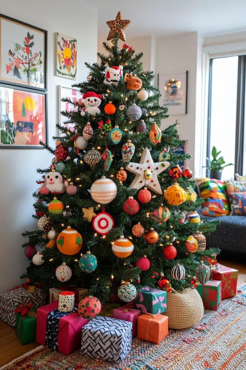 eclectic tree using mismatched ornaments and quirky, handmade decorations 1