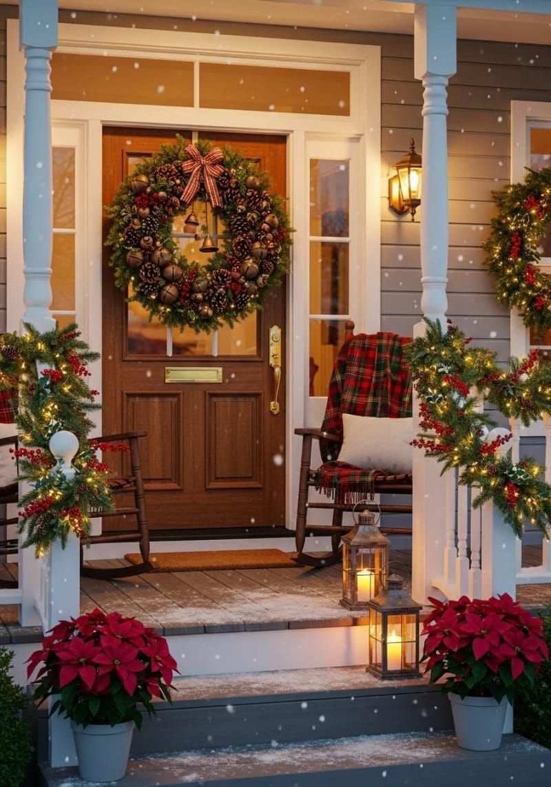 traditional wreath layered with mini pinecones and rustic bells above the door 1