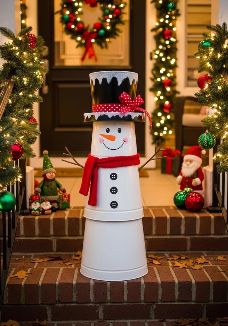 whimsical porch snowman made from stacked white buckets and a scarf 1