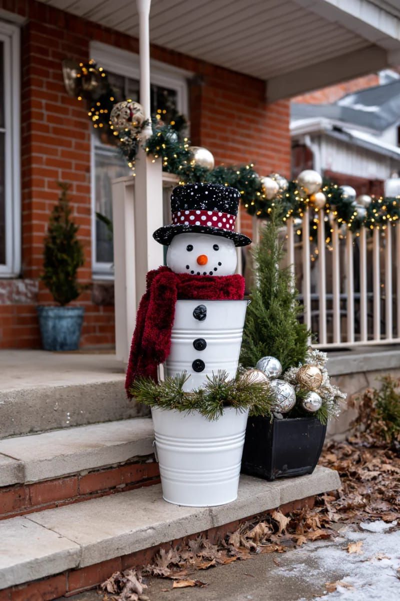 whimsical porch snowman made from stacked white buckets and a scarf 1