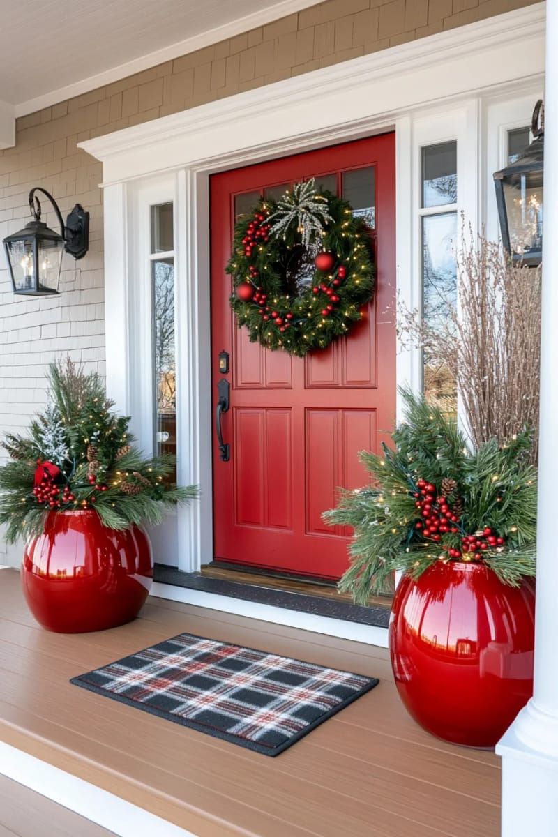giant red ornament planters nestled with pine and festive greenery by the door 1