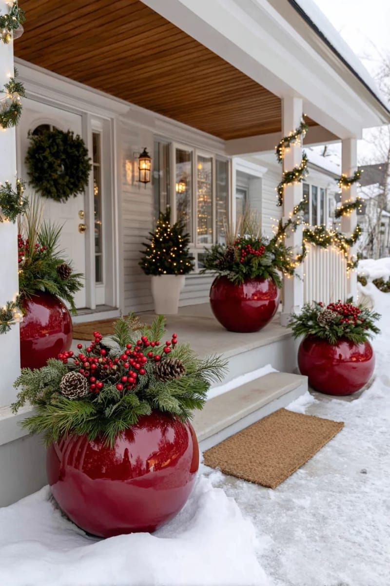 giant red ornament planters nestled with pine and festive greenery by the door 1