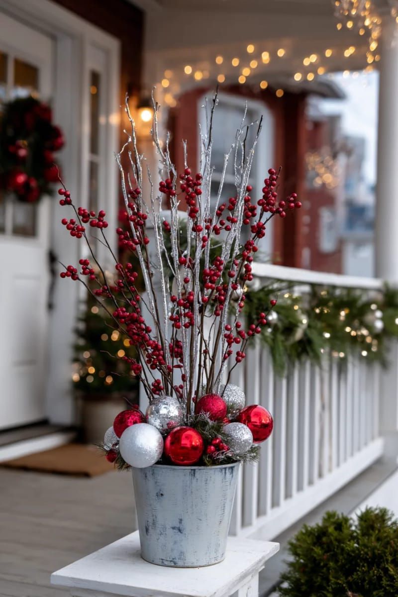 diy christmas planter bursting with silver branches, red berries, and ornaments 1