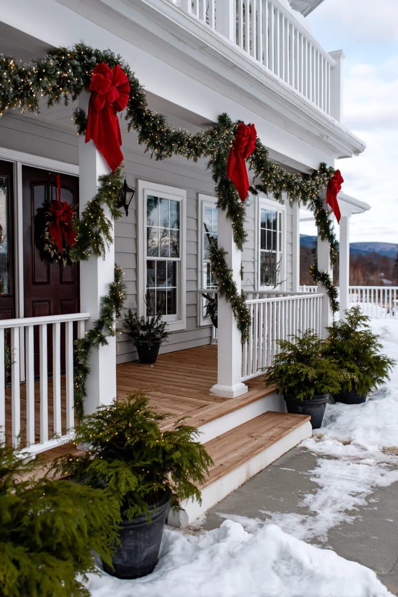 garland-wrapped porch columns tied with bold red bows and fairy lights 1