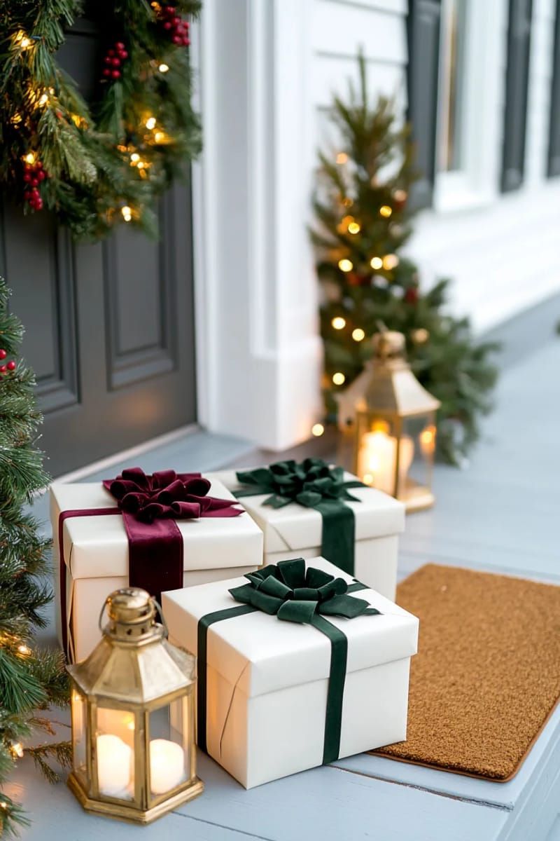 elegant gift boxes with lush velvet bows stacked beside the welcome mat 1
