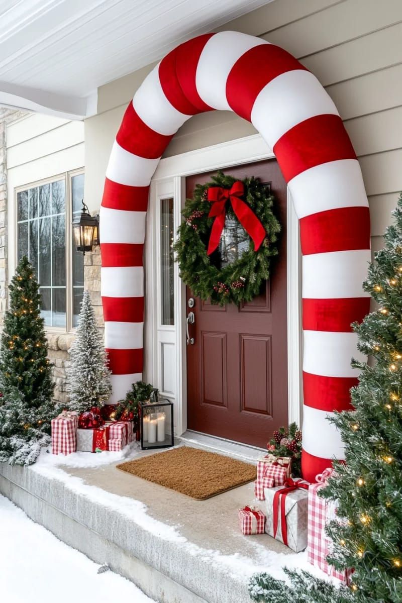 oversized candy cane archway framing your entry for a classic holiday statement 1