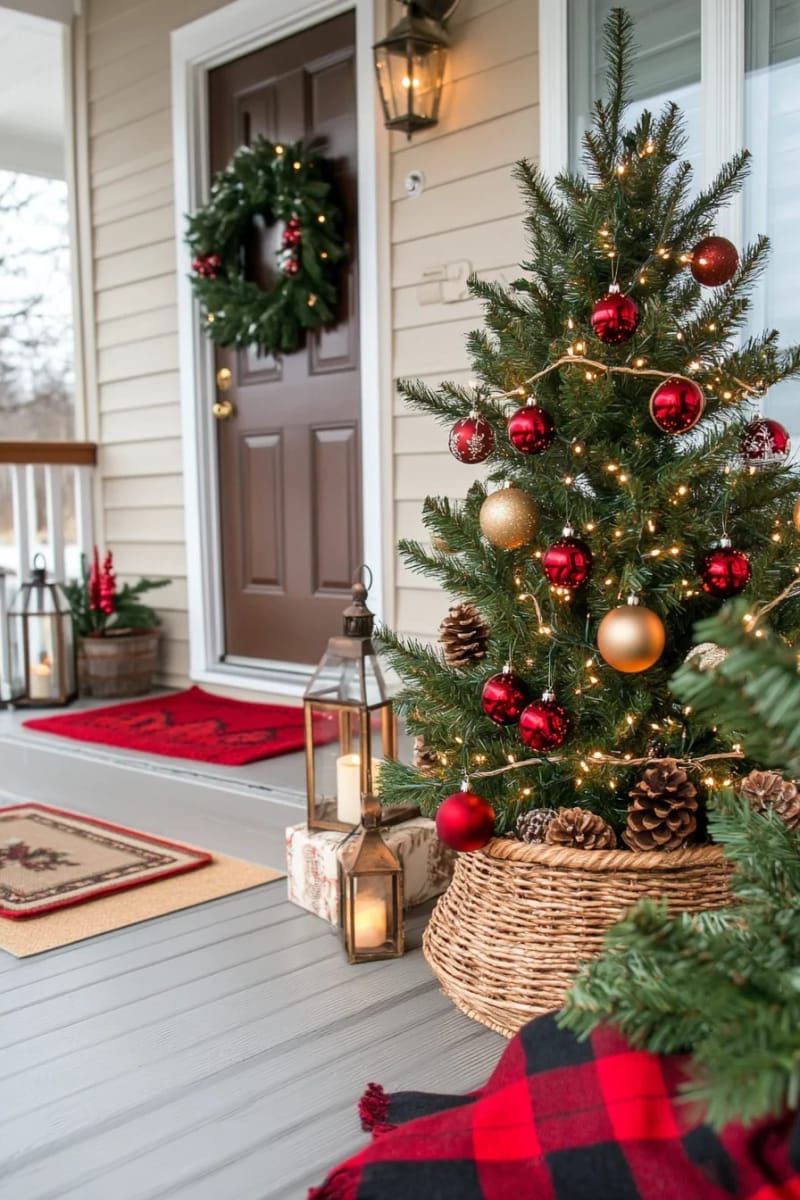 outdoor christmas tree wrapped in warm white lights and classic ornaments 1