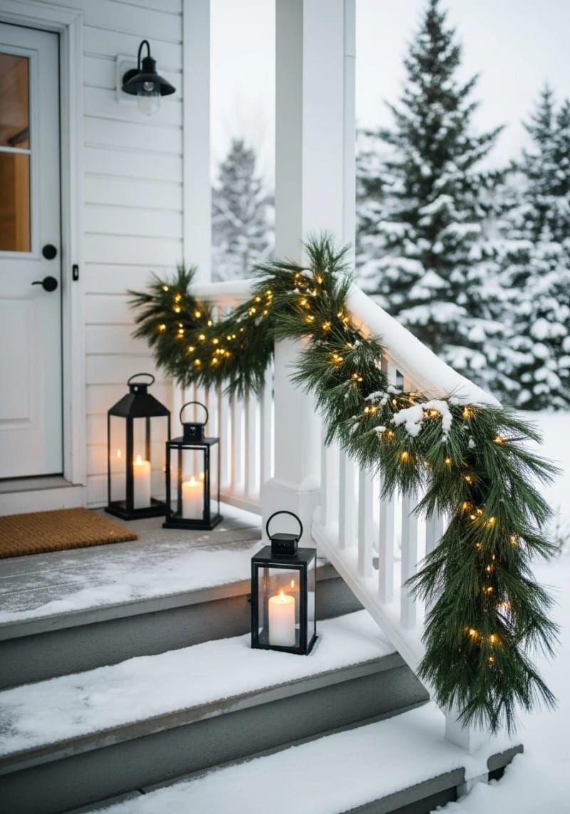 minimalist pine garland draped along the railing with white twinkle lights 1
