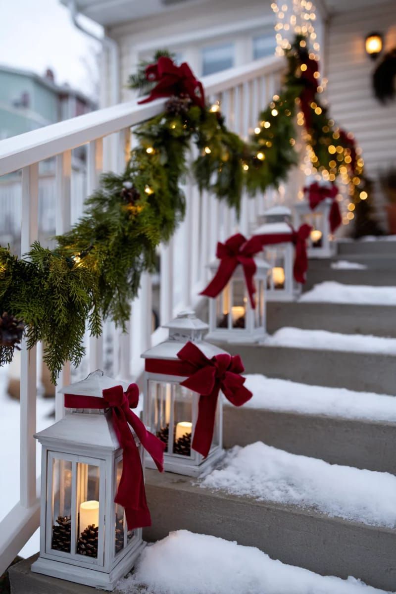 dollar tree lanterns wrapped with ribbon and pinecones lining your porch steps 1