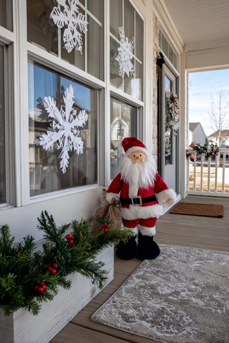 window snowflake cutouts paired with a santa figure for a playful touch 1