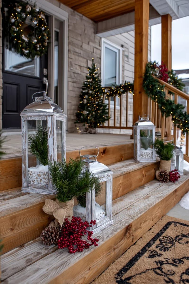 french country-style lanterns filled with faux snow and evergreen sprigs 1