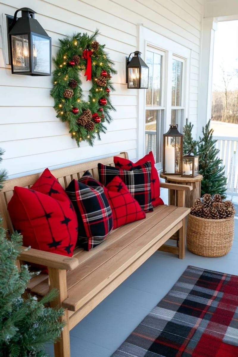 cozy bench with plaid pillows, red throws, and twinkling garland overhead 1